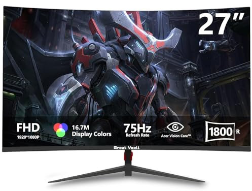 Great voell Curved Gaming Monitor 27 Inches, 75 Hz, FHD (1920 x 1080P), HDMI 2.0, HDR, Anti-Blue Light Eye Protection, 99% sRGB, FreeSync, VESA Support, Can Be Tilted, PC Screen 16:9