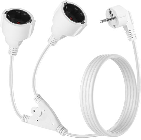 1,5 M Cable alargador con 2 enchufes Schuko, Cable alargador de protección contra contactos, 16A 250V, Cable de alimentación de Enchufe de Seguridad de 2 Clavijas (Blanco)