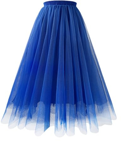 Generic Damen Tüllrock Lang Maxirock Blauer Ballettrock A-Linie Unterrock Karneval Hochzeit Party Tüllrock Tutu Rock Midi Petticoat Hoch Taillierter Rockabilly Faltenrock Tullrock Kostüm