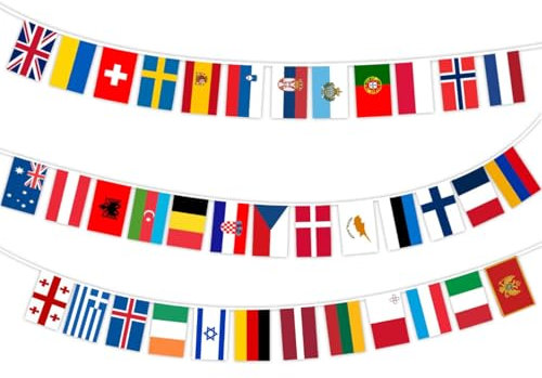 10M Eurovision Song Contest 2025 Flagge Wimpelkette Outdoor,37 Länderflaggen Europäische Flagge Wimpelkette Girlande für Eurovision Song Contest Party Garten Bar Club Straße Deko,14 x 21cm
