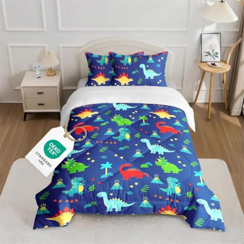 CINYE Blue Dinosaur Coverless Duvet Single,Coverless Duvet For Kids, Quilt Single with Dinosaur and Tree, 250GSM Comforter 135x200 cm with one 50x75cm pillowcase, 4.5-7.5tog, 100% Microfiber