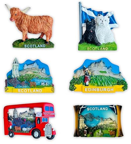 LILAJ Scotland Fridge Magnets – Set of 6 Resin Souvenirs Featuring Edinburgh Castle, Saltire Flag, Red Bus, Highland Cow, Heilan’ Coo Bag piper, Scottie & Westie Dogs – Scottish Gift Set