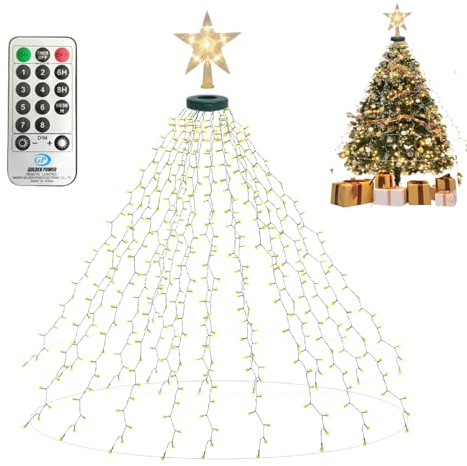 BeauFIvv Guirnalda luminosa para árbol de Navidad con anillo superior y adorno en forma de estrella, 450 LED, 2m de longitud ×18 cadenas, 8 modos de iluminación, para árboles de Navidad de 150 a 200cm