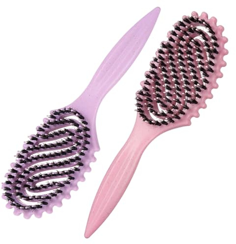 Qu She Curl Defining Brush, Boar Bristle Hair Brush & Detangling Brush Set for Women & Men, 2PCS with Hollow Design for Curly Hair, Smoothing & Slick Back Styling, Gentle on Scalp(Pink+Purple)