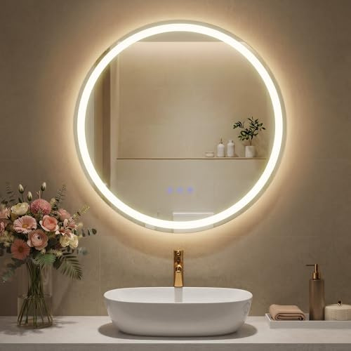 SONGMICS Specchio Bagno con Luce, Specchio da Parete Rotondo, Funzione Antiappannamento, Tonalità e Luminosità Regolabili, Trucco, Camera da Letto Bagno, 51 cm, Bianco Nuvola LWM213WC02