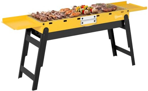 Outsunny Portable BBQ Grill Foldable Charcoal Grill for Camping Yellow | Charcoal Barbecue, 2 Side Shelves and Handle, for Picnics