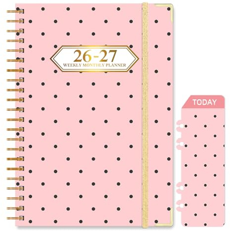 Knagsfa 2026-2027 Planner, Jul.2026-Jun.2027 Planner Weekly and Monthly 6.25x8.5 with Page Tabs, Calendar Hardcover with Inner Pocket, Elastic Band, Twin-Wire Binding, Bookmark,Pink Black Polka Dots