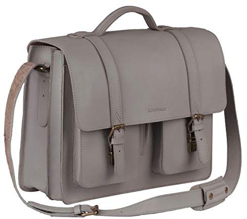 Schoolmaster new classic - grey, klassische Ledertasche & Aktentasche aus echtem Leder, viele Innenfächer, Laptoptasche, Umhängetasche & Lehrertasche für Damen & Herren
