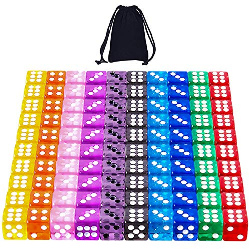 SIQUK 100 Pieces Game Dice Set 12mm Square Corner 6 Sided Dice for Tenzi, Farkle, Yahtzee, Bunco or Teaching Math, 10 Translucent Colours