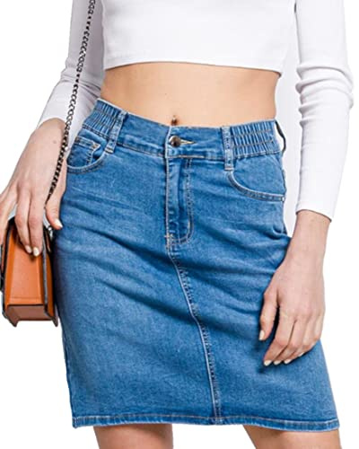 Van Der Rich ® - Falda Vaquera hasta la Rodilla con Cintura Elástica - Mujer (Azul, 44)