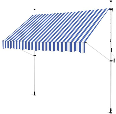 Gartenfreude Klemmmarkise 250 x 120 Sonnenschutz Balkonmarkise Campingmarkise ohne Bohren, Blau/Weiß - Wellen Schnitt, 4900-1525-135