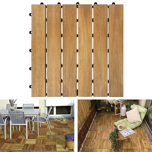 Froadp Piastrelle in legno, 30 x 30 cm, in legno di acacia con sistema a clic, resistenti alle intemperie, per terrazze, per terrazze, balconi, giardini (11 pezzi, 1 m², tipo A)