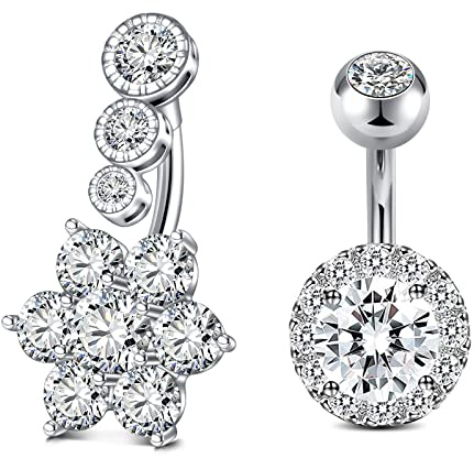 Crdifu 2 Pièces Piercing Nombril Acier Inoxydable 316L 14G Fleur CZ Claire & Design Halo Kit Piercing Argenté