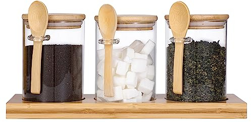 GURUDAR Glass Spice Storage Container with Spoon, 3PCS 20oz Airtight Sealed Condiment Jar with Tray, Kitchen Pantry Seasoning Canister Set for Salt Coffee Sugar Tea & Bathroom Cotton Swab Ball