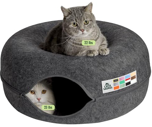 Peekaboo Cat Cave Donut for Multiple & Large Cats up to 30-45 lbs, 3-in-1 Self Warming Cat Bed, Tunnel & Scratcher for Indoor Cats, Washable & Detachable Small Dog Bed (Dark Gray, Large)