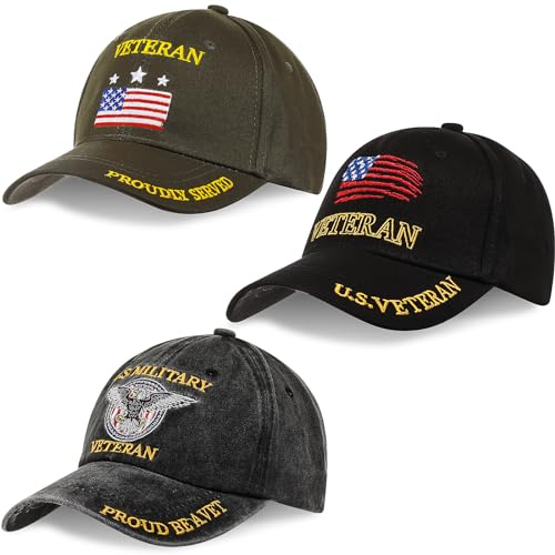 Liitrsh 3 Pcs Army Veteran Hat Embroidered Flag Military Baseball Cap