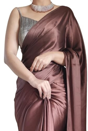 SHOPAZ Women's Ready to Wear Coffee Satin Silk 1 Minute Pre Pleated Indian Saree With Unstiched Blouse