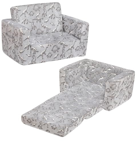 BEJOY Sofá Infantil Plegable 2 en 1, Cama y Sillón de Franela, para Habitación, Regalo de Cumpleaños y Día del Niño, Color Gris