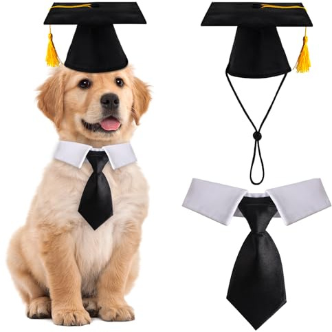 FOIMAS Cappelli da laurea per cani, cappelli da laurea per animali domestici regolabili con nappa gialla e collare per cravatta per cani e gatti cappelli da laurea accessori per costume