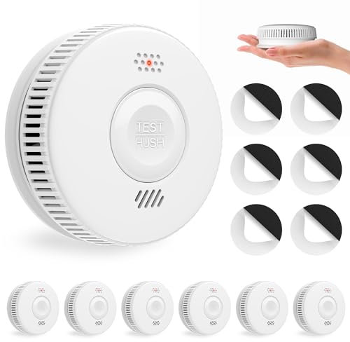 Rauchmelder 10 Jahre Batterie, HATHEPHS Photoelektrischer Feuermelder Brandmelder mit Klebepads, Rauchwarnmelder mit Stummschaltfunktion, EN14604, 6 Stück