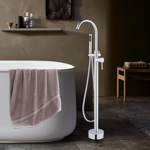 ROVOGO Ganzmetall Freistehende Badewannenarmatur mit Handbrause, 360° Schwenkbar Messing Wannenarmatur mit Brause für Freistehende Badewanne, Bodenmontage, Einhandhebelmischer Armatur Badewanne, Chrom