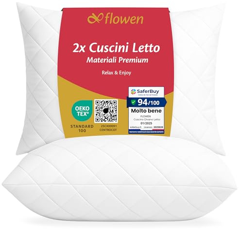 Flowen Cuscini Letto Coppia di Guanciali 40x60 per Dormire Imbottitura Standard Antiacaro Anallergico Traspirante Rettangolare per Matrimoniale Singolo con Federa Trapuntata Lavabile