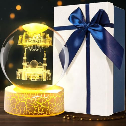 FUFRE Ramadan, sfera decorativa a LED di cristallo, decorazione eid mubarak, 6 cm, alimentazione USB, sfera di cristallo con base, decorazione musulmana per bambini, amici, coppie, compleanni