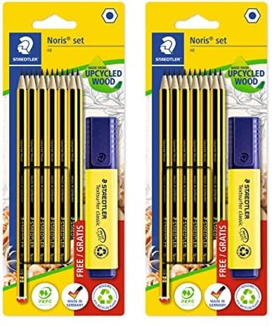 Staedtler Bleistift Set Noris, Made from Upcycled Wood, 12 Bleistifte Härtegrad HB, gelber Textsurfer classic Textmarker, 120 BK12P1 (Packung mit 2)