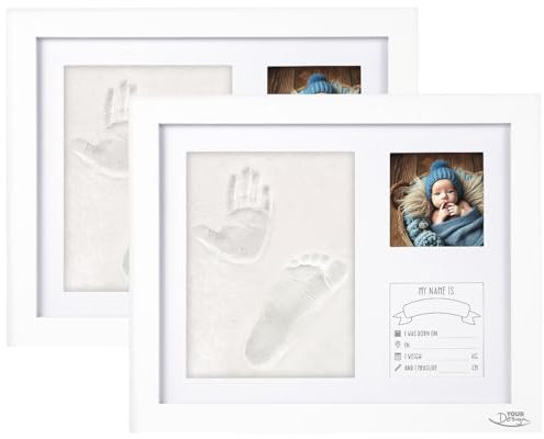 Your Design Bilderrahmen Baby 3D: 2er-Set Gipsabdruck-Set, Baby-Hand & Fußabdruck, Holzrahmen, 28 x 23cm (Pfotenabdruck-Bilderrahmen, Gipsabdruck 3D)