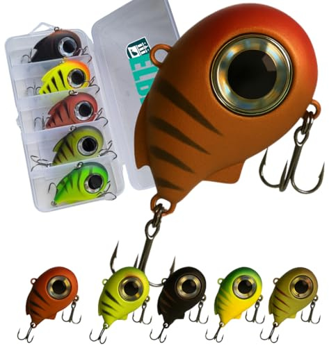 elbfang HyperEye Box - 5 Wobbler Lipless Crankbaits | 4,5 cm - 8,5 g | affondamento lento | Set di esche vibranti per pesce persico, lucioperca e luccio | Premium Tackle Box incluso