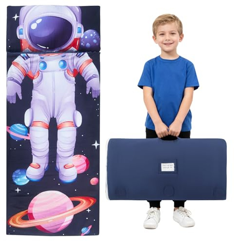 Saco de dormir cálido para niños con cojín extraíble, colchoneta plegable para dormir para niñas y niños, manta con doble cremallera para camping, escuela, guardería (astronauta)