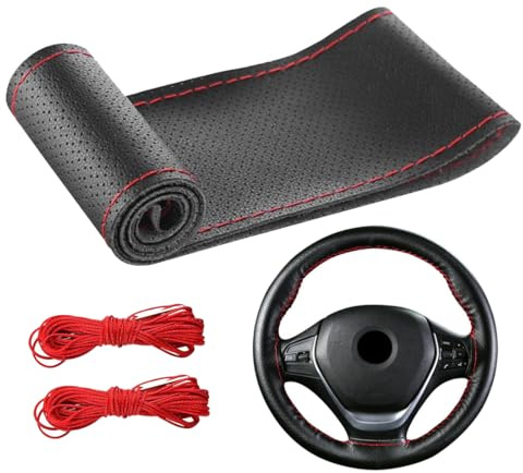 WUFKOP Coprivolante Auto in Pelle da Cucire, Foderatura per Sterzo 38cm con Perforazione Completa e Cucitura Rossa, Kit di Installazione Fai-da-Te per Guida Comoda e Sicura