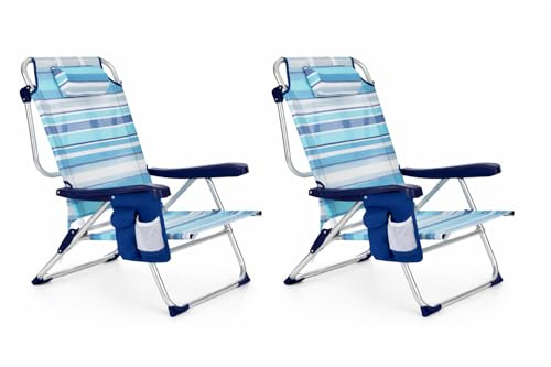 ARW - Silla de Playa Plegable con Bolsillo Lateral, 5 Posiciones Reclinables, Estructura de Aluminio Ligera, Cojín Reposacabezas, Asas Mochila y Cierre Clic, Soporta 110 kg (Rayas Azules PACK 2)