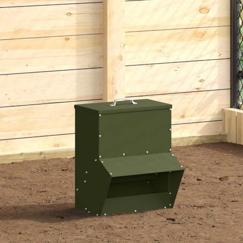 Mangeoire à poules en acier vert olive 35 x 30,5 x 43,5 cm – Distributeur de nourriture robuste pour volaille avec toit et poignée de transport