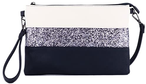 Gallantry - Petit Sac Bandoulière Paillette Femme - Sacoche Messenger Porté Epaule Main Multicolore - Pochette Soirée Mariage Strass Brillant - Souple Léger - Bleu Blanc