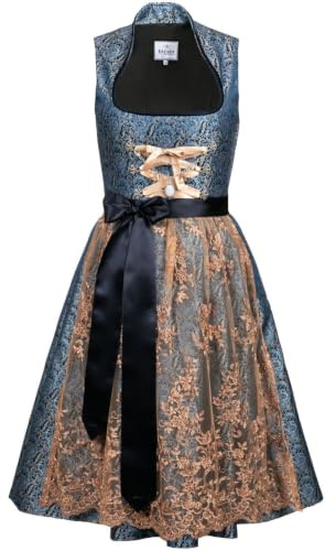 Edelnice Trachtenmode Esclusivo designer Midi collo alto Dirndl Estelle con pizzo dirndl grembiule e Charivari Gr. 32-54 Blu scuro 48