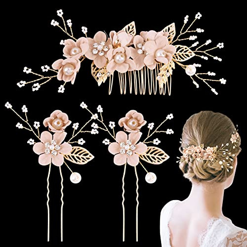 2pcs Mariée Épingles Pince à Cheveux Mariage Perle Cristal forme U et 1pcs Peigne à Cheveux Mariée Fleurs Rose Broches à Cheveux Florales Accessoires deCoiffure pour Femmes et Filles