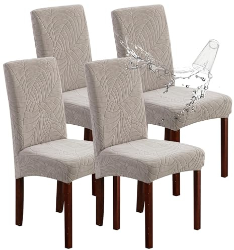 Genina Juego de 4 Fundas Impermeables para sillas de Comedor, Fundas elásticas para sillas de Comedor (Hojas, Gris cálido, 4 Piezas)
