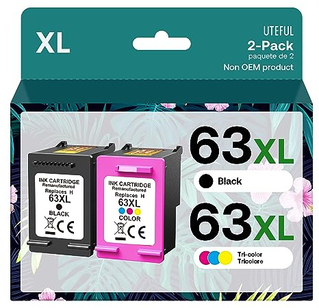 UTEFUL Remanufactured Ink Cartridges Replacement for HP Ink 63 63XL Compatible with OfficeJet 3830 4650 4655 5255 5258 5200 Envy 4510 4520 DeskJet 1110 3630 Printer (1 Black,1 Tri-Color)