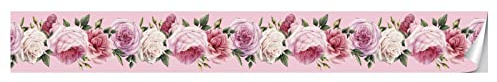 VisitRyl Carta Bordi Adesiva Per Parete Decorazione Autoadesiva Rimovibile Per Cucina Bagno Piastrelle Adesivo Per Pareti Autoadesiva Peonia Rosa 15x300cm
