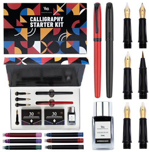 Wordsworth and Black Juego de plumas caligráficas negras. 2 plumas caligráficas, un tintero de 18 ml, 60 cartuchos de tinta, un convertidor de recarga, una punta mediana y 4 puntas anchas, y un pincel