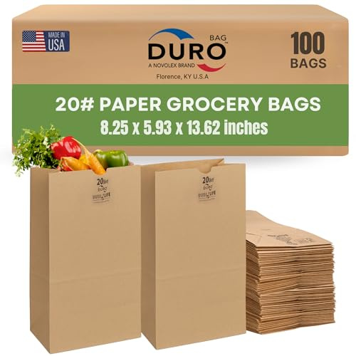 DURO 20# Short Brown Paper Bags Lunch Size, 8.25x5.93x13.62 Inches, 100-Count, 40# Heavy-Duty Large Brown Paper Lunch Bags/Sacks for Retail, Foodservice, & Grocery Stores, Disposable Bag: 18421