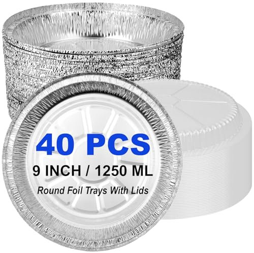 Abaigeal 40 Pack 9 Inch Round Foil Trays with Clear Lids, 1250ML Disposable Tin Foil Food Containers, Round Aluminum Foil Flan Dishes Pie Cases for Party, Baking, Food Storage, and Takeaway Containers