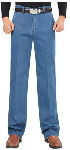 Jeans da uomo a vita alta taglio dritto, jeans da uomo elasticizzati a gamba dritta, vestibilità regolare, jeans classici in denim di base, Azzurro, 48