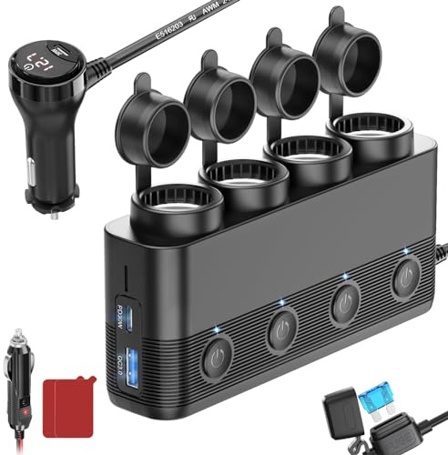 Cigarette Lighter Splitter Car Charger, 300W 4 Socket Car Plug in Outlet 12V Adapter with Dual PD 36W and QC3.0 USB C Multi Port & Independent Switch & Dust Cover & Voltmeter for All Car Devices