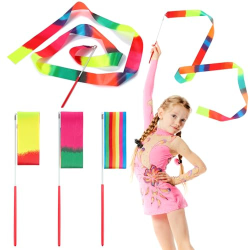 oruola 3 Stück Rhythmische Tanzbänder,210cm Gymnastikband mit Stab Kinder,Tanzband mit Stab Kinder,Tanzen Streamer Mehrfarbigen Gymnastikbändern Tanzbänder für Künstlerische Tanztraining