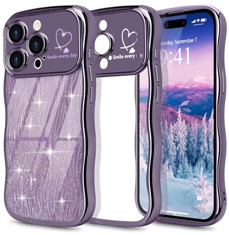 Wirvyuer for iPhone 15 Pro Max Curly Wave Frame Case, Plated Heart Clear Cover with Removable Glitter Sparkly Card, Raised Camera Anti-scratch Protective Bumper Phone Case for Women Girls, Dark Purple