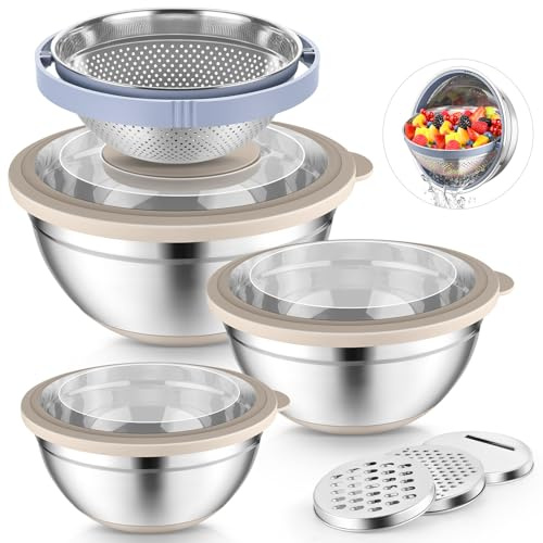 P&P CHEF Mixing Bowls with Lids Set of 3, Stainless Steel Mixing Bowl and Colander for Kitchen, 3 Grater Attachments & Non-Slip Bottoms, Visible & Airtight Lid, Khaki