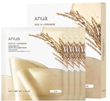 ANUA Rice 70 Glow Collagen Mask, Overnight Face Mask for Glass Skin, Ceramide, Collagen Facial Mask, Skin Moisture Barrier, Tightening Care, Natural Color, Korean Skin Care, 38g/4ea