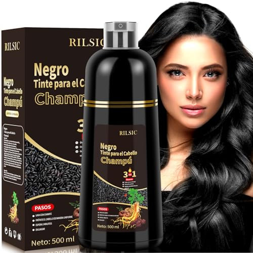RILSIC Hair Dye Shampoo 3 en 1,Champu Tinte Canas Negro, Tinte Pelo Cubre Canas, Champú Tinte Color Canas Instantáneo, Shampoo para Teñir Canas Tinte Pelo En Minutos para Mujer Hombre (500 ml)